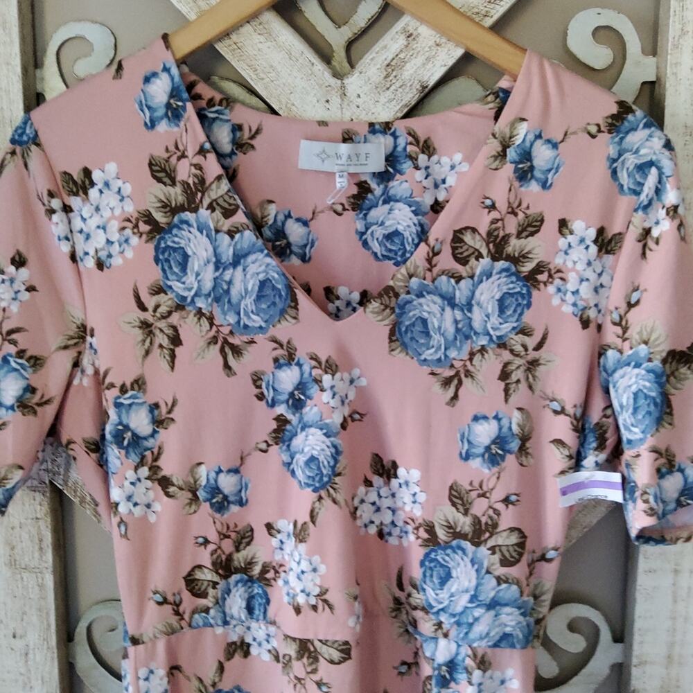 Wayf Women's Short Sleeve Midi Dress with Elastic Waist V-Neck Soft Peach Floral - Picture 5 of 9